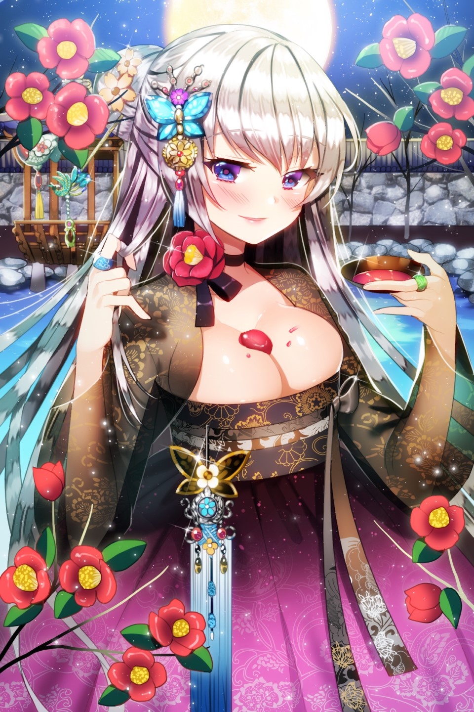 1girl aile_(crossroads) alcohol between_breasts blue_eyes blush breasts bust_cup choker cleavage cup eyebrows_visible_through_hair flower full_moon hair_bun hair_ornament highres jewelry korean_clothes long_hair moon night night_sky original petals ribbon ring rock sakazuki sake sash silver_hair sky smile solo star_(sky) starry_sky tassel traditional_clothes water