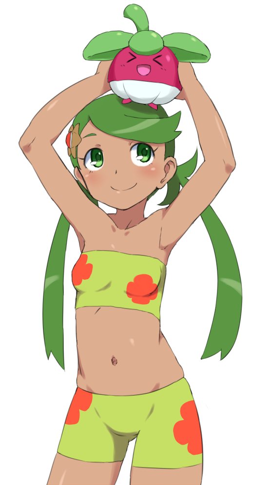 &gt;o&lt; armpits arms_up bangs bare_shoulders bikini blush bounsweet breasts bubukka closed_eyes closed_mouth dark_skin floral_print green_bikini green_eyes green_hair hair_ornament happy holding mallow_(pokemon) midriff navel on_head open_mouth pokemon pokemon_(anime) pokemon_(game) pokemon_sm pokemon_sm_(anime) simple_background smile staryu stomach strapless swept_bangs swimsuit thighs trial_captain tubetop twintails white_background