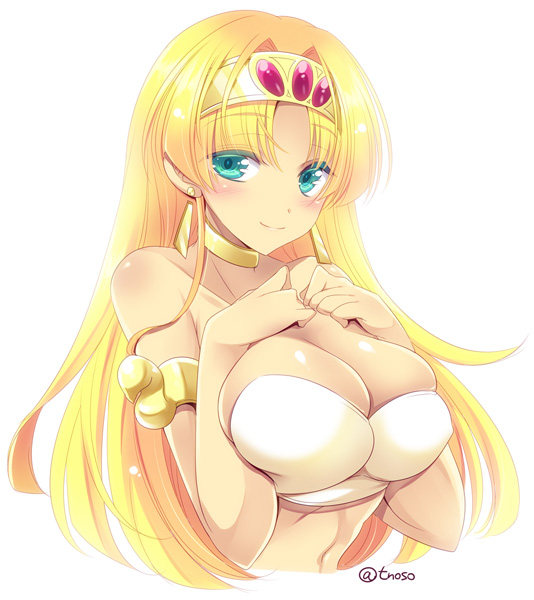 1girl aqua_eyes armband bangs blonde_hair blush breast_press breasts claire_(hihouden) cleavage crop_top dark_skin deep_skin earrings hairband hihouden jewelry large_breasts light_smile long_hair looking_at_viewer midriff navel off_shoulder parted_bangs smile tiara tokinon upper_body