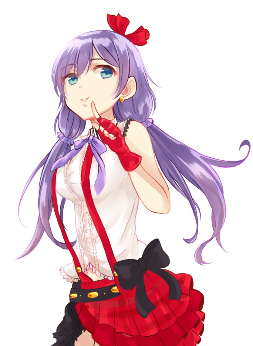1girl bare_shoulders blush breasts commentary_request earrings eyebrows_visible_through_hair fingerless_gloves gloves green_eyes hair_ribbon jewelry kichannico large_breasts long_hair love_live! love_live!_school_idol_project low_twintails purple_hair red_gloves ribbon scrunchie simple_background solo suspenders toujou_nozomi twintails white_background