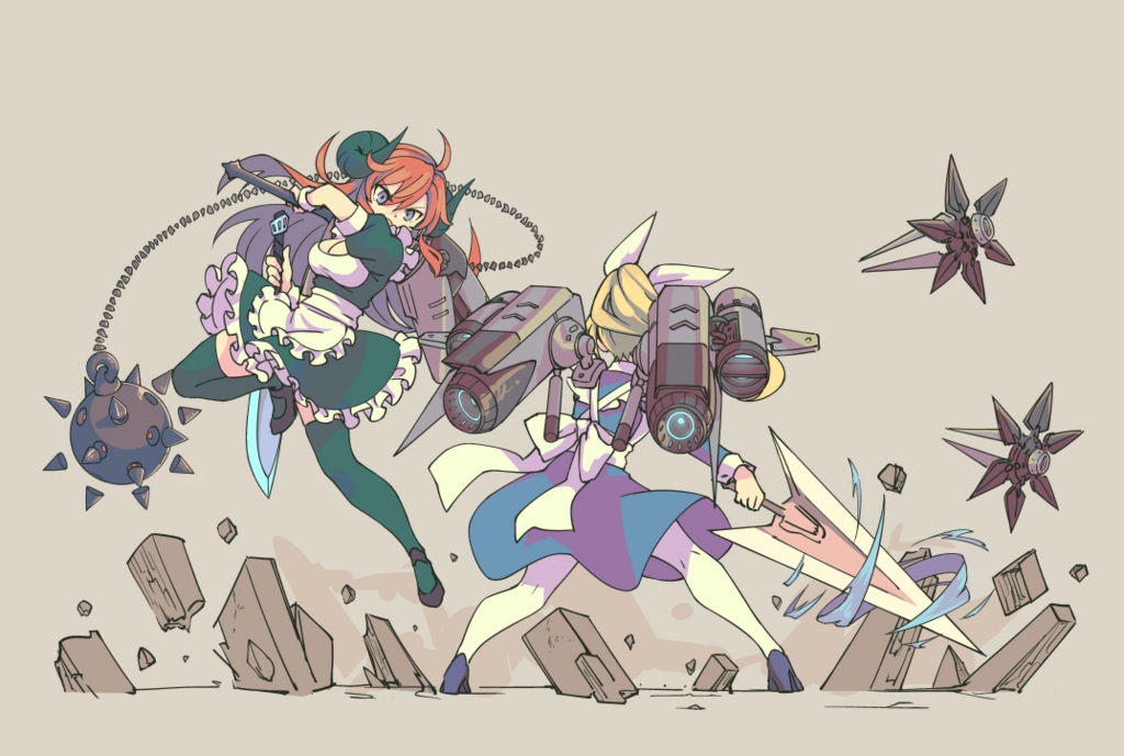 2girls ball_and_chain battle blonde_hair blue_eyes breasts cleavage demon_horns dual_wielding fin_funnels flat_color full_body green_legwear grey_background ground_shatter hair_ribbon horns jumping long_hair maid mecha_musume medium_breasts multiple_girls orange_hair original pas_(paxiti) reverse_grip ribbon sword thigh-highs thrusters weapon white_legwear work_in_progress