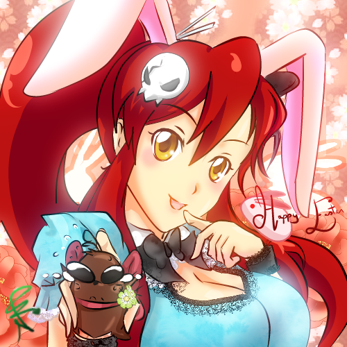 1girl animal_ears blush_stickers boota breasts cleavage detached_collar hair_ornament happy_easter large_breasts long_hair lowres nekoi_echizen orange_eyes ponytail rabbit_ears redhead sidelocks skull_hair_ornament solo tengen_toppa_gurren_lagann wrist_cuffs yoko_littner