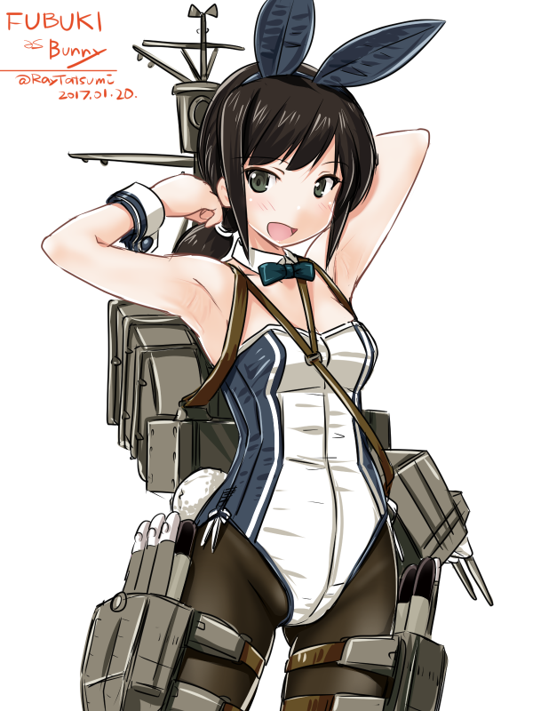 1girl alternate_costume animal_ears armpits arms_up artist_name backpack bag black_hair bow bowtie bunnysuit cannon character_name cowboy_shot dated detached_collar eyebrows_visible_through_hair fake_animal_ears fubuki_(kantai_collection) green_eyes kantai_collection looking_at_viewer low_ponytail machinery open_mouth pantyhose simple_background solo tatsumi_rei thigh_strap torpedo twitter_username white_background wrist_cuffs