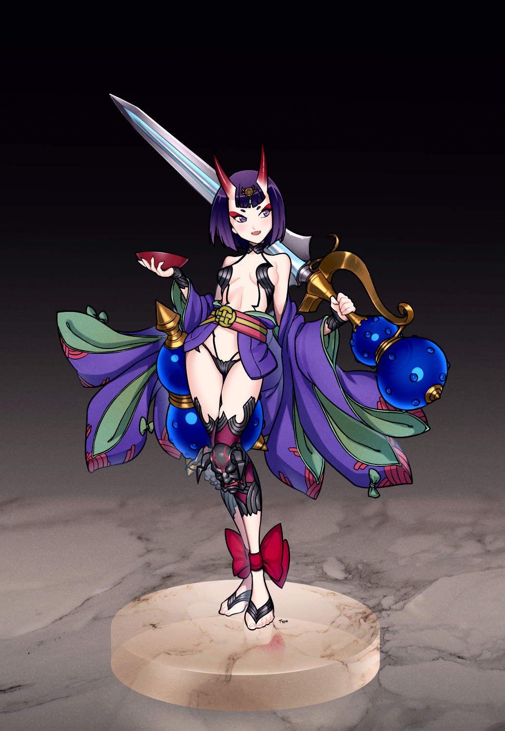 1girl ankle_bow ankle_ribbon bow breasts commentary cup fate/grand_order fate_(series) full_body gourd hair_ornament highres horns japanese_clothes kimono navel obi oni oni_horns open_mouth purple_hair revision ribbon sakazuki sash short_eyebrows short_hair shuten_douji_(fate/grand_order) small_breasts smile solo sword typo_(requiemdusk) violet_eyes weapon