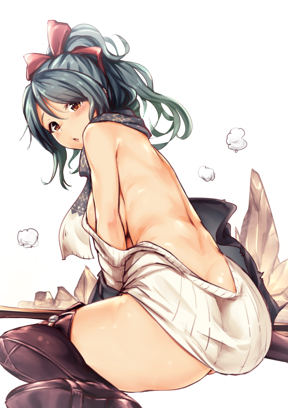 1girl ass blush boots breasts ganari_ryuu granblue_fantasy green_hair hair_ribbon herja highres large_breasts long_hair looking_at_viewer looking_back naked_sweater off_shoulder ponytail red_eyes ribbed_sweater ribbon scarf simple_background sitting sketch solo sweater thigh-highs thigh_boots wariza white_background