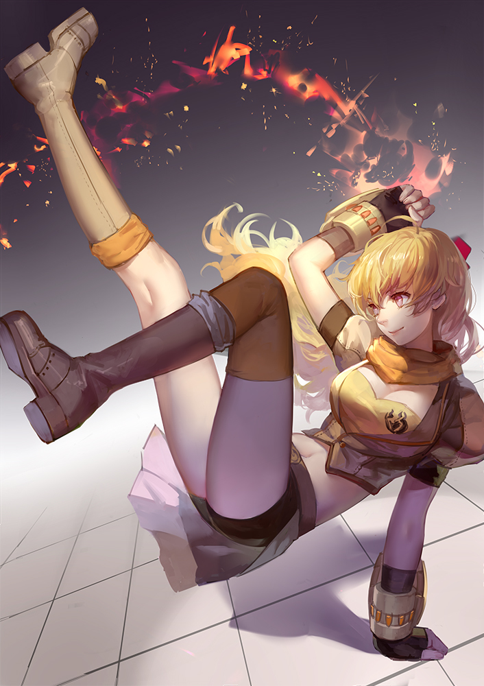 1girl ahoge arm_support ask_(askzy) blonde_hair boots breasts cleavage fingerless_gloves gauntlets gloves midriff navel rwby solo thighhighs violet_eyes yang_xiao_long yellow_legwear