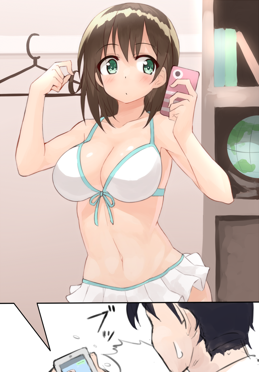 1boy 1girl bare_arms bare_shoulders blush bra breasts brown_hair cellphone cellphone_camera chestnut_mouth cleavage commentary_request front-tie_bikini front-tie_top green_eyes highres large_breasts looking_at_viewer navel original phone self_shot shunichi smartphone sweatdrop swimsuit taking_picture underwear