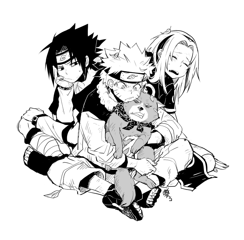 1girl 2boys annoyed dirty forehead_protector greyscale haruno_sakura koshi_anko monochrome multiple_boys naruto sitting spiky_hair uchiha_sasuke uzumaki_naruto whisker_markings whiskers