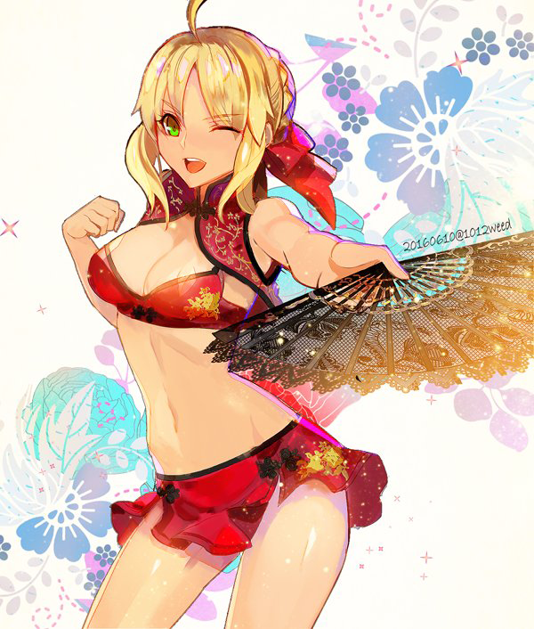 1girl :d ahoge astarone bikini blonde_hair breasts cleavage fan fate/extra fate_(series) floral_background folding_fan green_eyes hair_bun hair_ribbon large_breasts looking_at_viewer midriff navel one_eye_closed open_mouth red_bikini ribbon saber_extra short_hair smile solo swimsuit vest