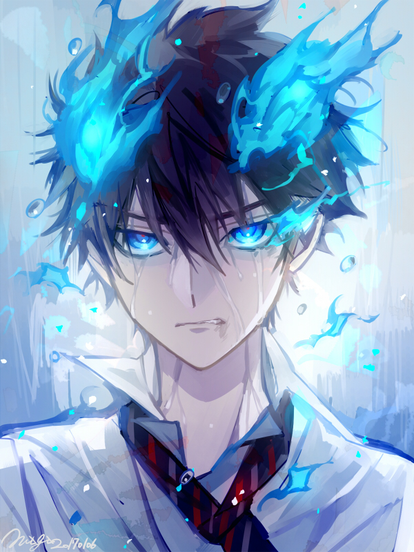 1boy ao_no_exorcist black_hair blouse blue_eyes blue_fire fire flame frown glowing glowing_eyes looking_at_viewer male_focus matsunaka_hiro necktie okumura_rin short_hair solo water wet