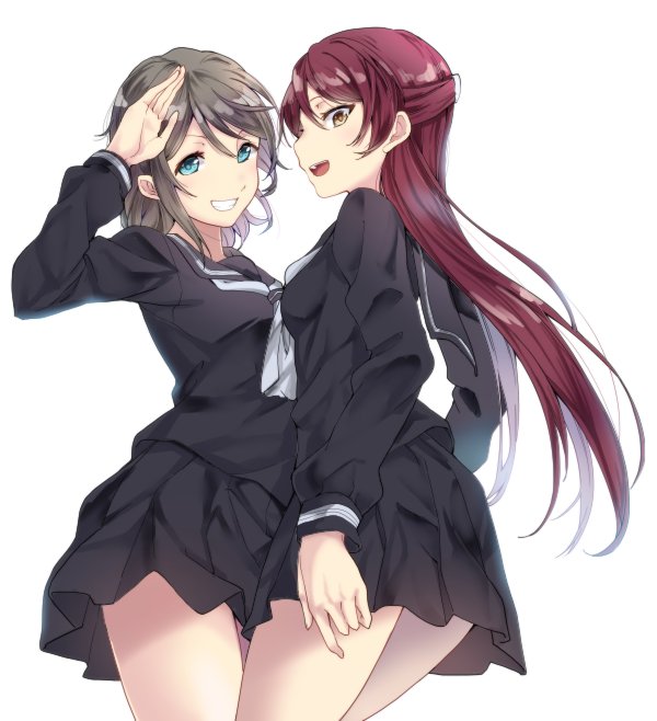 2girls black_shirt black_skirt blue_eyes brown_hair cowboy_shot grin long_hair long_sleeves love_live! love_live!_sunshine!! multiple_girls open_mouth redhead sakurauchi_riko salute school_uniform sen'yuu_yuuji shirt short_hair skirt skirt_set smile watanabe_you yellow_eyes