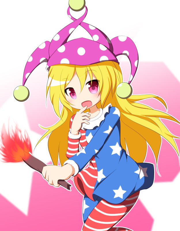 1girl american_flag_dress american_flag_legwear blonde_hair clownpiece dress fire hat jester_cap long_hair long_sleeves looking_at_viewer neck_ruff pantyhose polka_dot red_eyes senba_chidori short_dress smile solo star star_print striped torch touhou