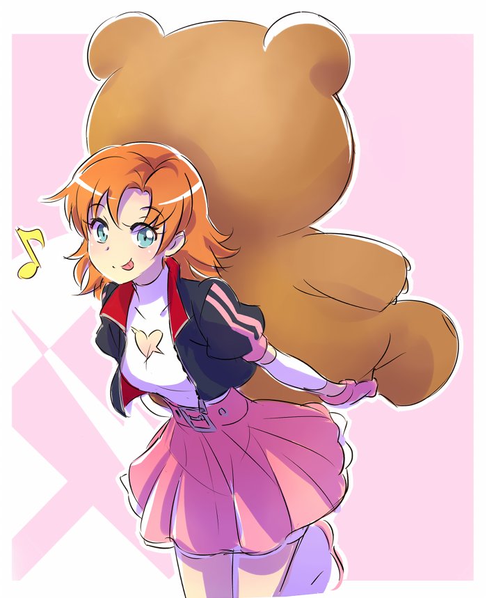 1girl alternate_costume blue_eyes cleavage_cutout commentary holding_doll iesupa jacket nora_valkyrie orange_hair pink_skirt rwby rwby_chibi skirt smile solo stuffed_animal stuffed_toy teddy_bear tongue tongue_out