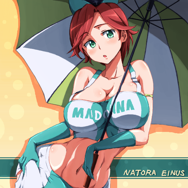 1girl armlet blush breasts character_name cleavage clothes_writing collarbone gloves green_eyes green_gloves gundam gundam_age large_breasts midriff natora_einus navel open_mouth racequeen redhead runaru shadow short_hair solo umbrella