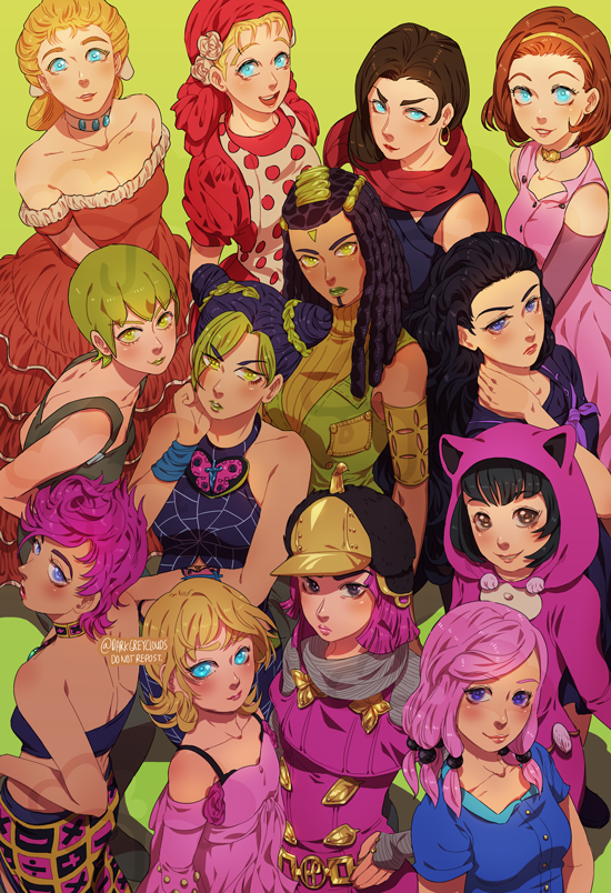 animal_ears aqua_eyes arm_warmers armband artist_name bare_shoulders bear_ears black_hair blonde_hair blue_hair braid breasts brown_hair choker darkgreyclouds double_bun dress erina_pendleton ermes_costello facial_mark fake_animal_ears flower foo_fighters green_eyes green_hair green_lipstick hair_bobbles hair_flower hair_ornament hairband hairlocs halter_top halterneck hat higashikata_daiya hirose_yasuho hood hot_pants_(sbr) jojo_no_kimyou_na_bouken jojolion kuujou_jolyne large_breasts light_brown_hair lipstick lisa_lisa long_hair lucy_steel maid maid_headdress makeup multicolored_hair open_mouth overalls pink_dress pink_hair pink_lipstick polka_dot quad_tails red_dress red_scarf scarf school_uniform serafuku short_hair skirt smile steel_ball_run sugimoto_reimi suzi_q tan tattoo trish_una two-tone_hair violet_eyes wristband yamagishi_yukako