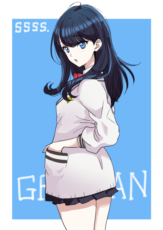 1girl bangs black_hair blue_eyes cardigan hand_in_pocket legs_together long_hair long_sleeves looking_at_viewer miniskirt school_uniform skirt solo ssss.gridman takarada_rikka thighs tsukikage_oyama