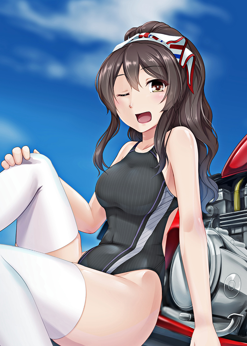 1girl 8000 ashigara_(kantai_collection) black_hair black_swimsuit brown_eyes competition_swimsuit ground_vehicle kantai_collection long_hair looking_at_viewer motor_vehicle motorcycle one-piece_swimsuit one_eye_closed open_mouth ponytail sitting smile solo swimsuit white_legwear