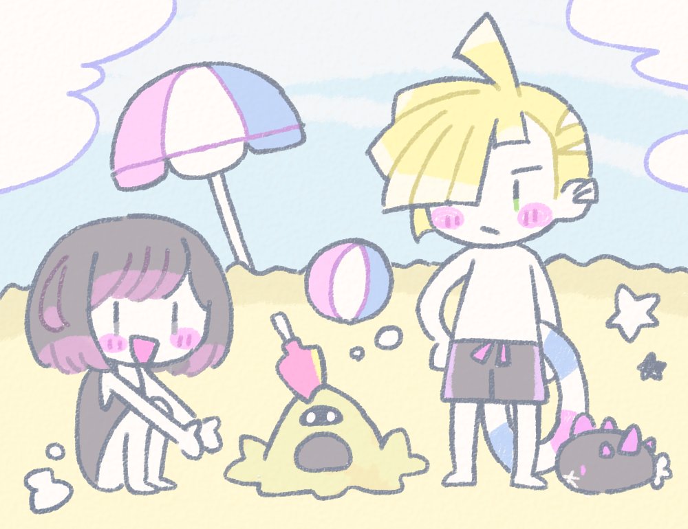 1boy 1girl ball bare_arms beach beach_umbrella beachball black_hair blonde_hair female_protagonist_(pokemon_sm) gladio_(pokemon) green_eyes ocean pokemon pokemon_(game) pokemon_sm pyukumuku remoooon sandygast short_hair shorts simple_background starfish swimsuit umbrella