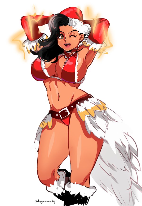 1girl ;) alternate_costume armpits arms_up asymmetrical_hair belt bikini black_hair breasts choker christmas cleavage contrapposto d-ryuu dark_skin elbow_gloves electricity feathers gloves grey_eyes hat large_breasts laura_matsuda long_hair navel one_eye_closed red_bikini red_gloves santa_hat sideboob sketch smile solo street_fighter street_fighter_v swimsuit toned wavy_hair