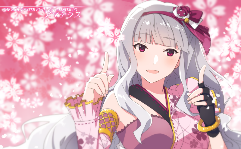 1girl asymmetrical_clothes bangs bell bracelet cherry_blossoms detached_sleeve eyebrows_visible_through_hair gloves hair_ornament headband idolmaster jewelry long_hair open_mouth pointing red_eyes shijou_takane sidelocks silver_hair single_glove solo