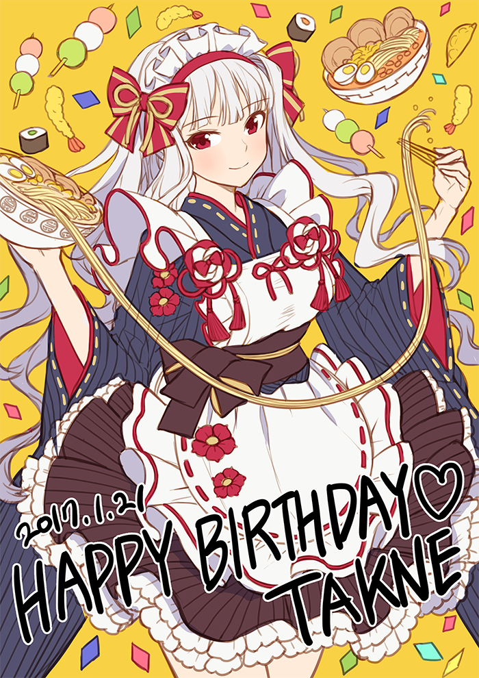 1girl 72producer apron bangs blush character_name chopsticks confetti flower food hair_ornament happy_birthday idolmaster layered_skirt long_hair maid_headdress more_ramen noodles ramen red_eyes ribbon shijou_takane sidelocks silver_hair simple_background smile solo sushi sweets tempura timestamp