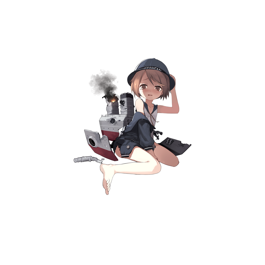 1girl bare_legs barefoot black_shoes blue_coat blue_hat bottomless broken brown_eyes brown_hair buttons cannon character_name coat collarbone crying damaged fire flat_chest full_body hand_on_headwear hat long_sleeves looking_at_viewer machinery minekaze_(zhan_jian_shao_nyu) official_art open_clothes open_coat parted_lips pocket school_hat school_uniform shirt shoes short_hair sitting sleeveless smoke smokestack socks solo tears torn_clothes torpedo transparent_background turret wariza white_legwear white_shirt zhan_jian_shao_nyu