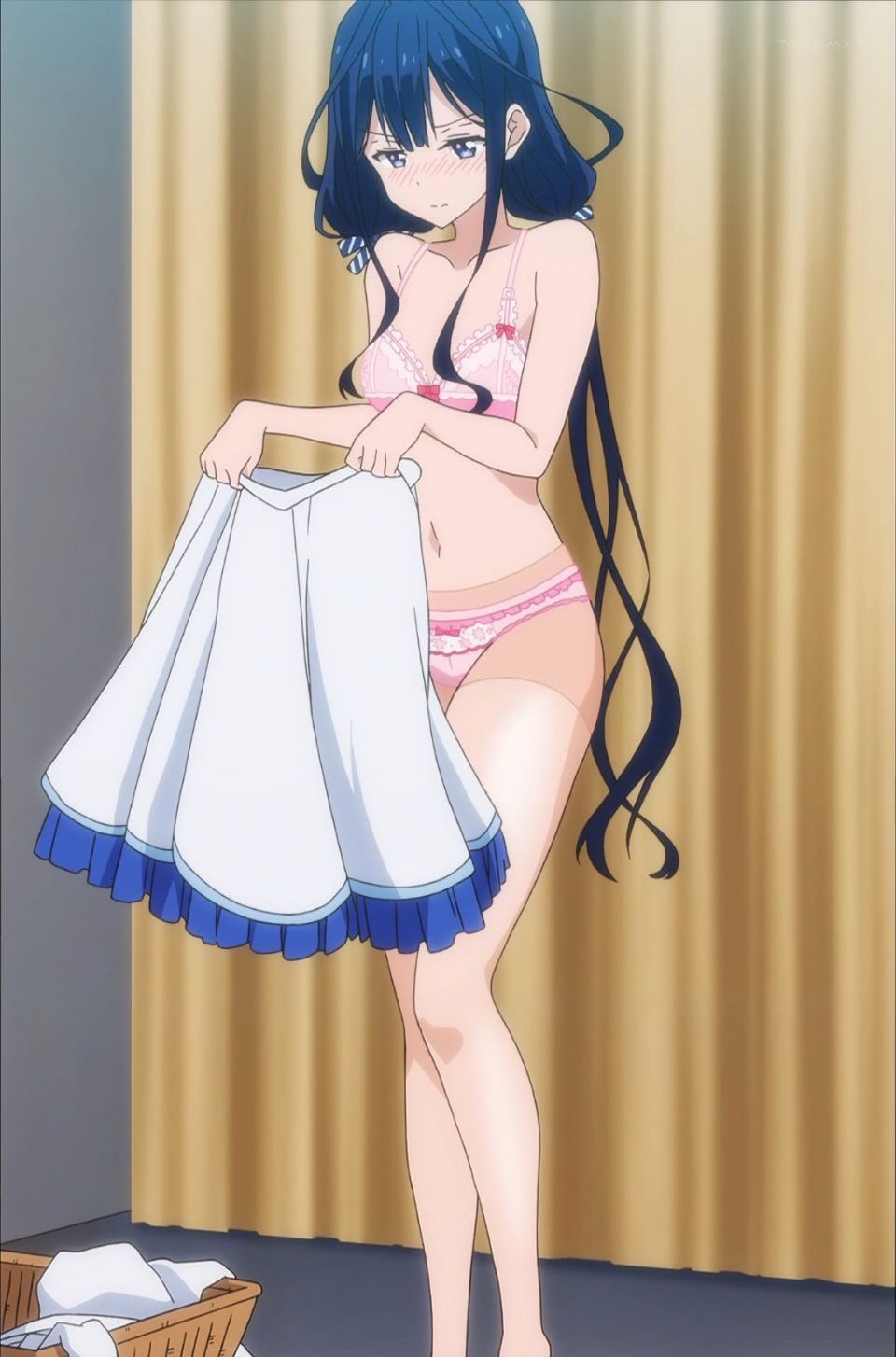 1girl adagaki_aki black_hair blue_eyes blush bra breasts changing_room highres jpeg_artifacts long_hair low_twintails masamune-kun_no_revenge navel panties pantyhose pink_bra pink_panties screencap small_breasts solo twintails underwear underwear_only undressing