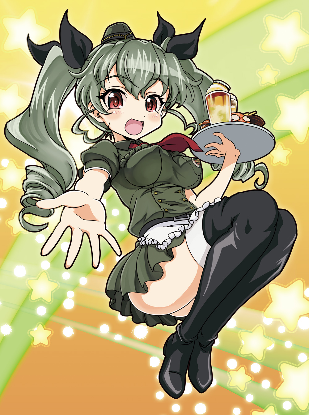 1girl anchovy apron bangs black_boots black_ribbon boots breasts dress drill_hair full_body garrison_cap girls_und_panzer glass green_dress green_hair hair_ribbon hamoto hat highres impossible_clothes impossible_dress long_hair looking_at_viewer medium_breasts military military_uniform mini_hat necktie open_mouth pleated_dress puffy_short_sleeves puffy_sleeves reaching_out red_eyes red_necktie ribbon short_sleeves smile solo star starry_background thigh-highs thigh_boots tray twin_drills twintails uniform waist_apron waitress yellow_background