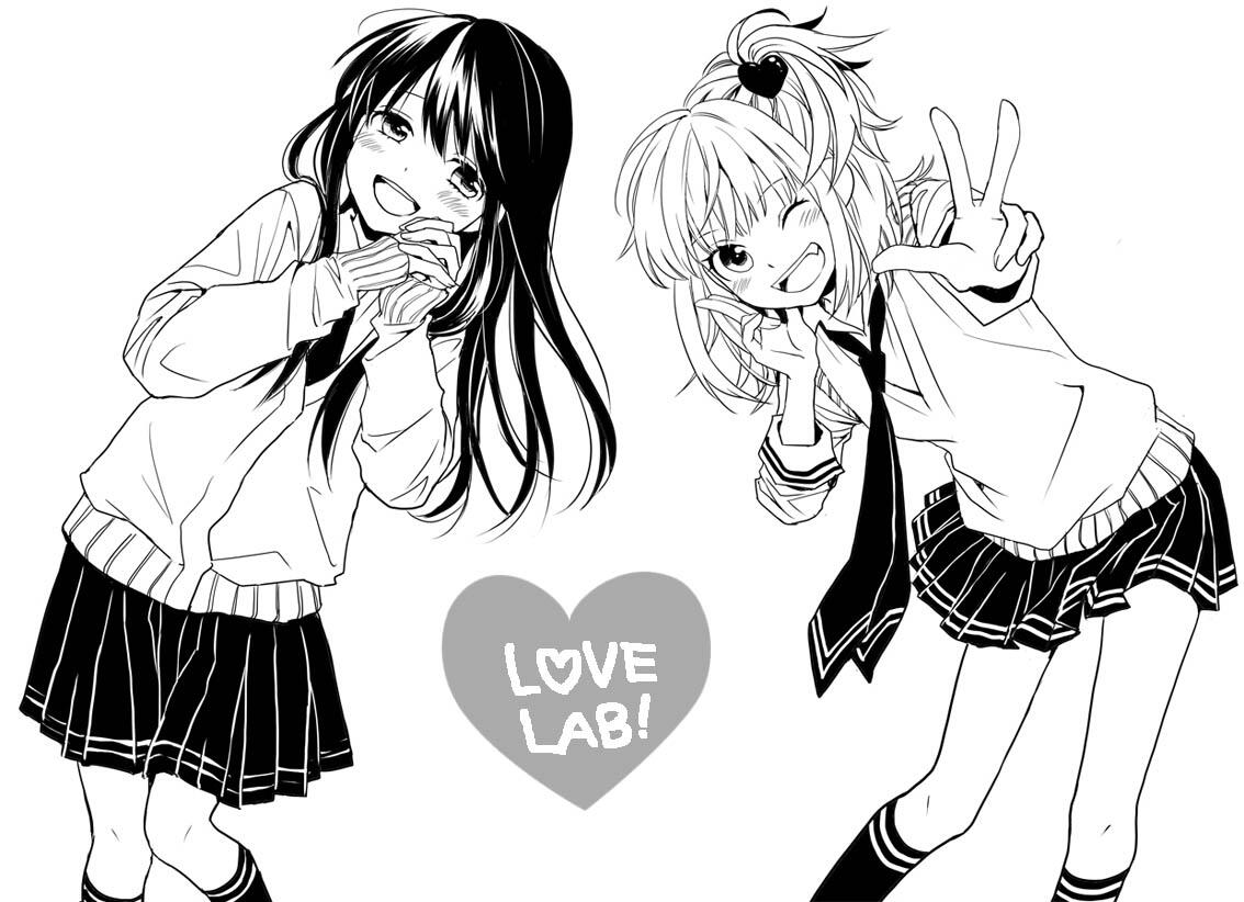 2girls blush fang kurahashi_riko long_hair love_lab maki_natsuo miyahara_ruri monochrome multiple_girls necktie official_art one_eye_closed school_uniform side_ponytail skirt smile v