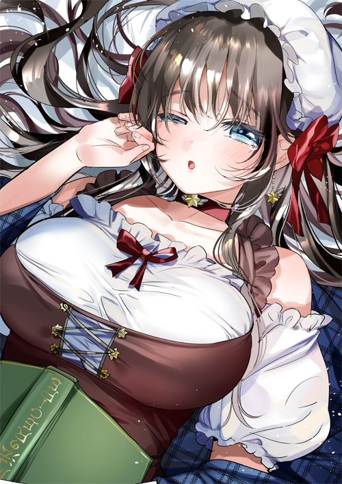 1girl blue_eyes blush book breasts brown_hair collar collarbone commentary corset detached_sleeves dutch_angle earrings frilled_sleeves frills half-closed_eye hand_up head_scarf jewelry kanojo-chan_(yan'yo) large_breasts looking_at_viewer lying on_back open_book original parted_lips puffy_sleeves solo star star_earrings tears upper_body waking_up yan'yo_(yan'yan'yo)