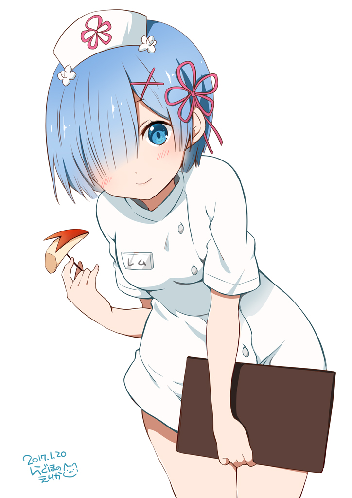 1girl :3 apple_bunny apple_slice aqua_eyes artist_name blue_hair blush breasts cat character_name closed_mouth cowboy_shot dated food hair_ornament hair_over_one_eye hair_ribbon hat holding holding_food leaning_forward medium_breasts name_tag nurse nurse_cap pink_ribbon ragho_no_erika re:zero_kara_hajimeru_isekai_seikatsu rem_(re:zero) ribbon short_hair signature simple_background smile solo thighs white_background x_hair_ornament