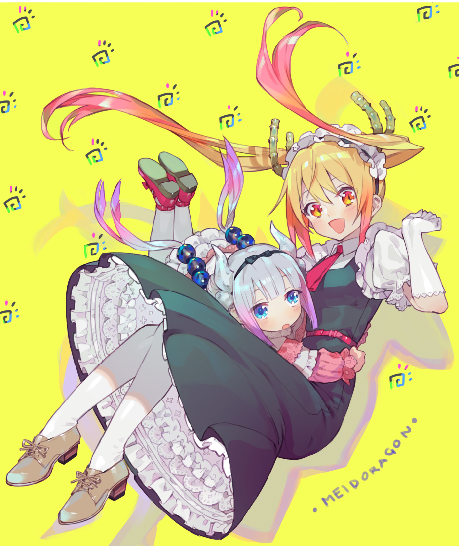 2girls arms_around_waist bangs beads belt black_ribbon blonde_hair blue_eyes blunt_bangs clenched_hand copyright_name dragon_horns dress elbow_gloves gloves grey_hair hair_beads hair_ornament hairband horns kanna_kamui kobayashi-san_chi_no_maidragon long_hair looking_at_viewer maid_headdress multicolored_hair multiple_girls necktie nishihara_isao pantyhose petticoat pink_hair puffy_short_sleeves puffy_sleeves purple_hair red_necktie ribbon short_sleeves sidelocks tooru_(maidragon) twintails two-tone_hair white_gloves white_legwear yellow_eyes