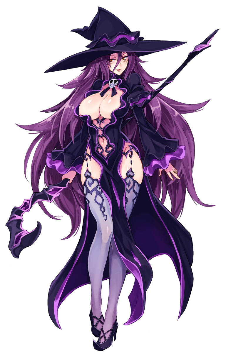 breasts dark_mage_(monster_girl_encyclopedia) hat highres kenkou_cross large_breasts long_hair monster_girl_encyclopedia purple_hair revealing_clothes staff tagme thigh-highs very_long_hair witch witch_hat yellow_eyes