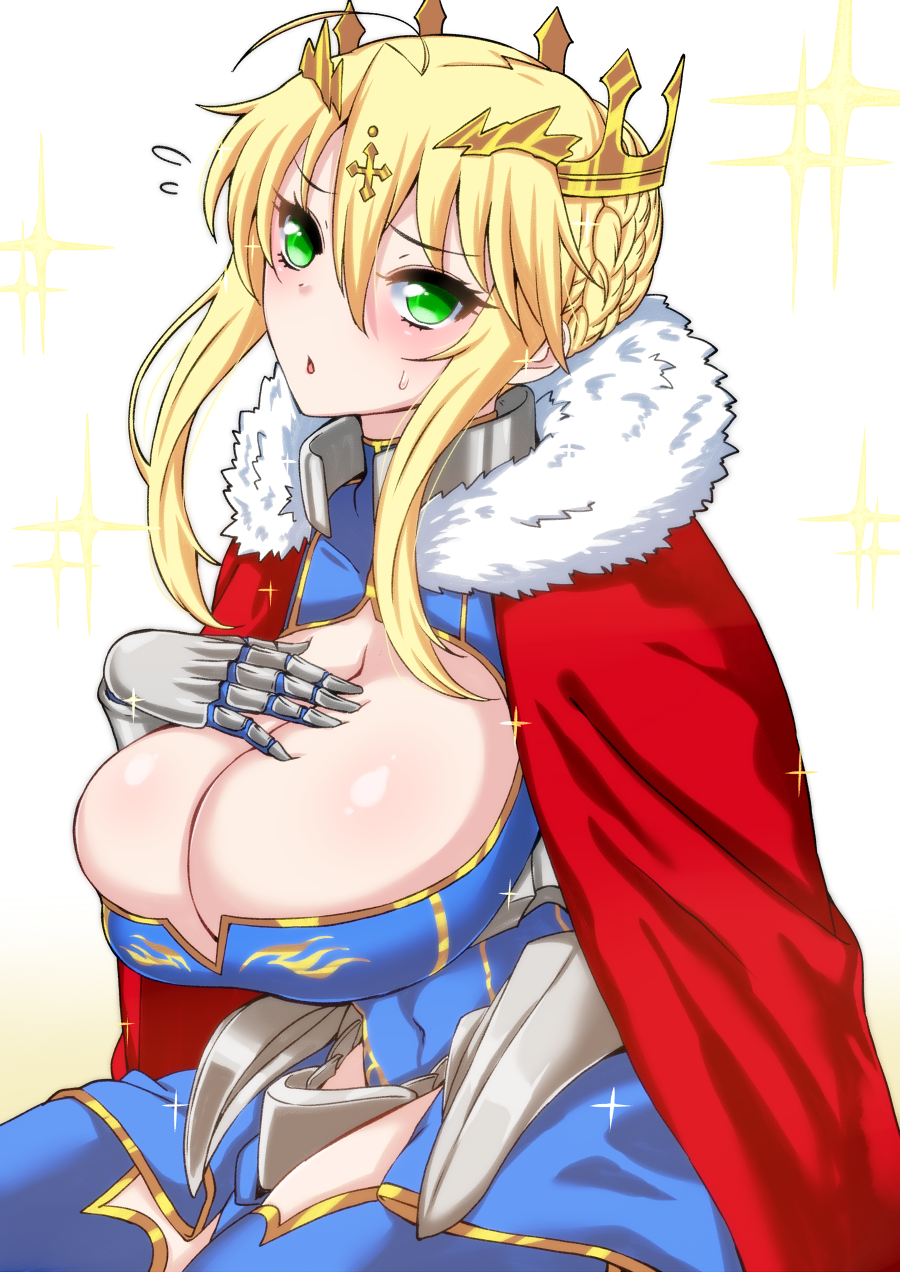 1girl :o artoria_pendragon_lancer_(fate/grand_order) blonde_hair breasts cleavage crown fate/grand_order fate_(series) flying_sweatdrops green_eyes highres huge_breasts komusou_(jinrikisha) long_hair looking_at_viewer parted_lips solo sweatdrop
