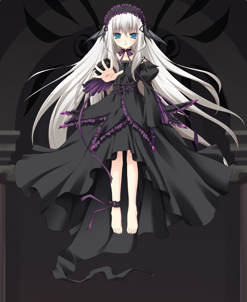 11eyes 1girl 3days ankle_garter barefoot chikotam dress game_cg gothic_lolita gown hands lolita_fashion open_hand raswell_(company) rizetto_verutooru silver_hair solo
