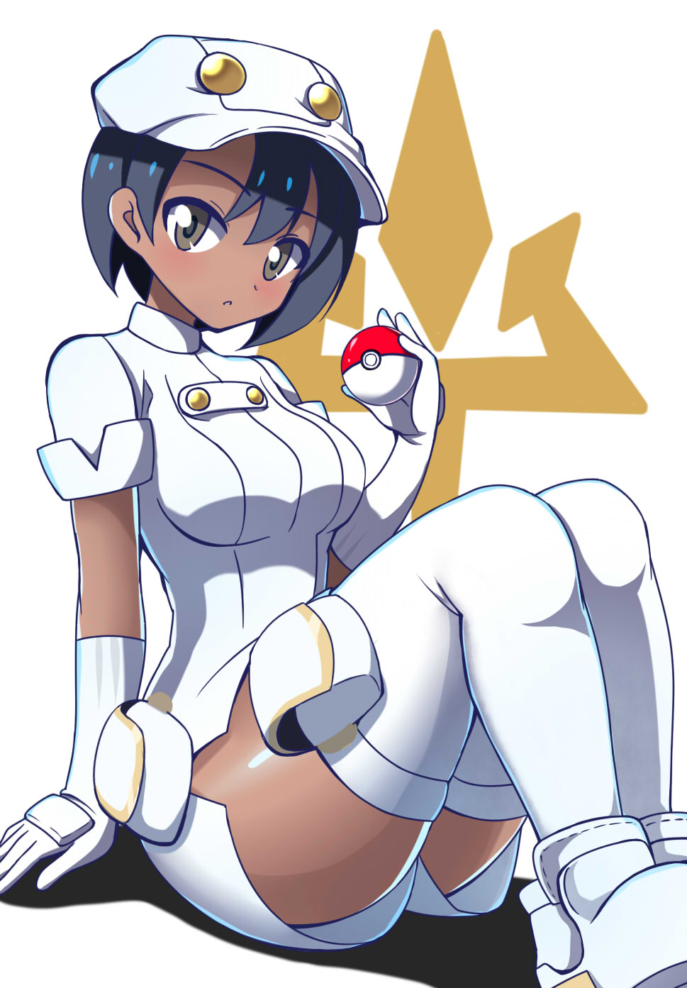 1girl :o aether_foundation_employee alice360 black_hair blush breasts buttons cabbie_hat dark_skin female gloves grey_eyes hat highres holster looking_to_the_side no_legwear npc_trainer open_mouth poke_ball pokemon pokemon_(game) pokemon_sm pouch shoes short_hair short_sleeves simple_background sitting solo symbol thick_thighs thigh-highs thigh_pouch thighs turtleneck uniform white_background