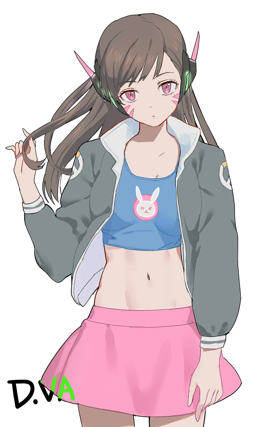 1girl :&lt; alternate_eye_color animal_print arm_at_side blue_shirt breasts brown_hair bunny_print casual character_name cowboy_shot d.va_(overwatch) facepaint facial_mark grey_jacket hair_tousle hand_in_hair head_tilt headphones highres hunter.g jacket logo long_hair long_sleeves looking_at_viewer midriff miniskirt navel overwatch patch pink_eyes pink_skirt shirt simple_background sketch skirt small_breasts solo whisker_markings white_background