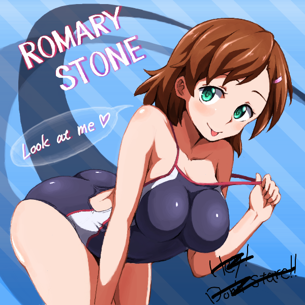 1girl :p arm_support bent_over blush breasts brown_hair character_name collarbone english green_eyes gundam gundam_age hair_ornament hairclip looking_at_viewer medium_breasts one-piece_swimsuit open_mouth pulled_by_self romary_stone runaru short_hair solo speech_bubble strap_pull swimsuit tongue tongue_out