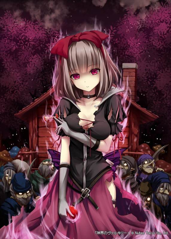 1girl akkijin apple aura breasts brown_hair cleavage darkness dress dwarf food fruit hair_ribbon house looking_at_viewer night night_sky parted_lips red_eyes red_ribbon ribbon shinkai_no_valkyrie sky snow_white solo standing torn_clothes