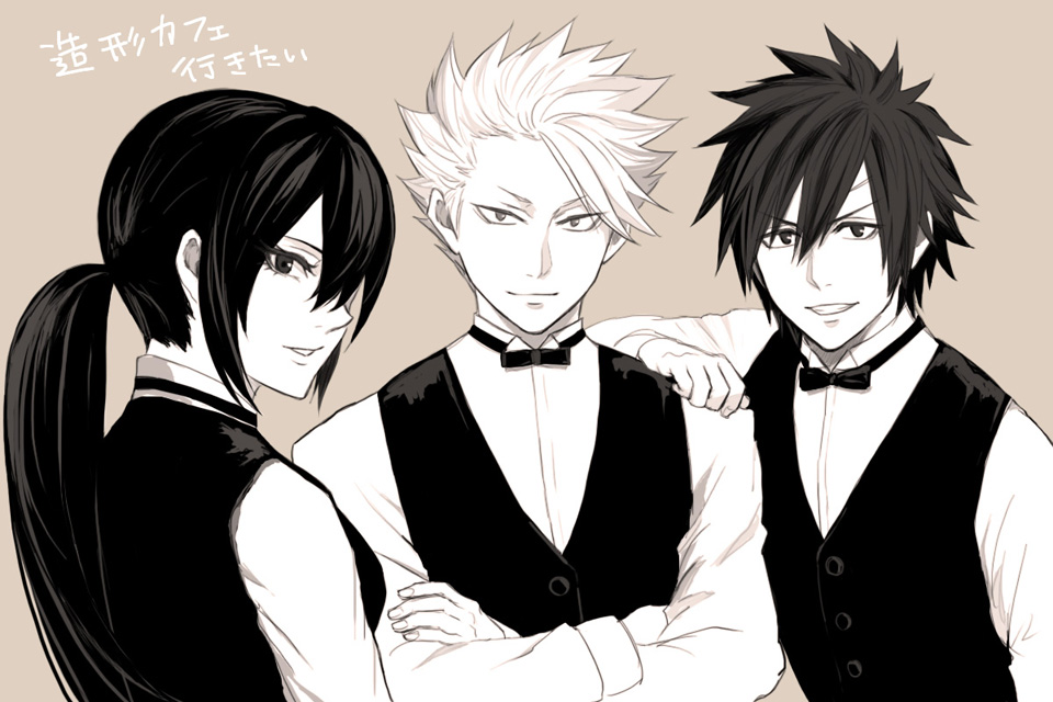 1girl 2boys artist_request black_hair fairy_tail gray_fullbuster lyon_vastia monochrome necktie ponytail translation_request ultear_milkovich waiter white_hair