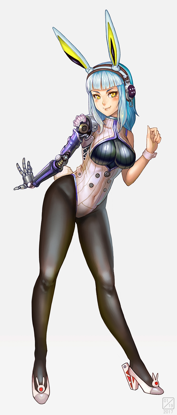 1girl animal_ears blue_hair breasts covered_navel cuffs dated headphones high_heels highres lieqi_hun long_hair looking_at_viewer mecha medium_breasts original pantyhose pink_background prosthesis prosthetic_arm rabbit_ears science_fiction simple_background smile solo yellow_eyes