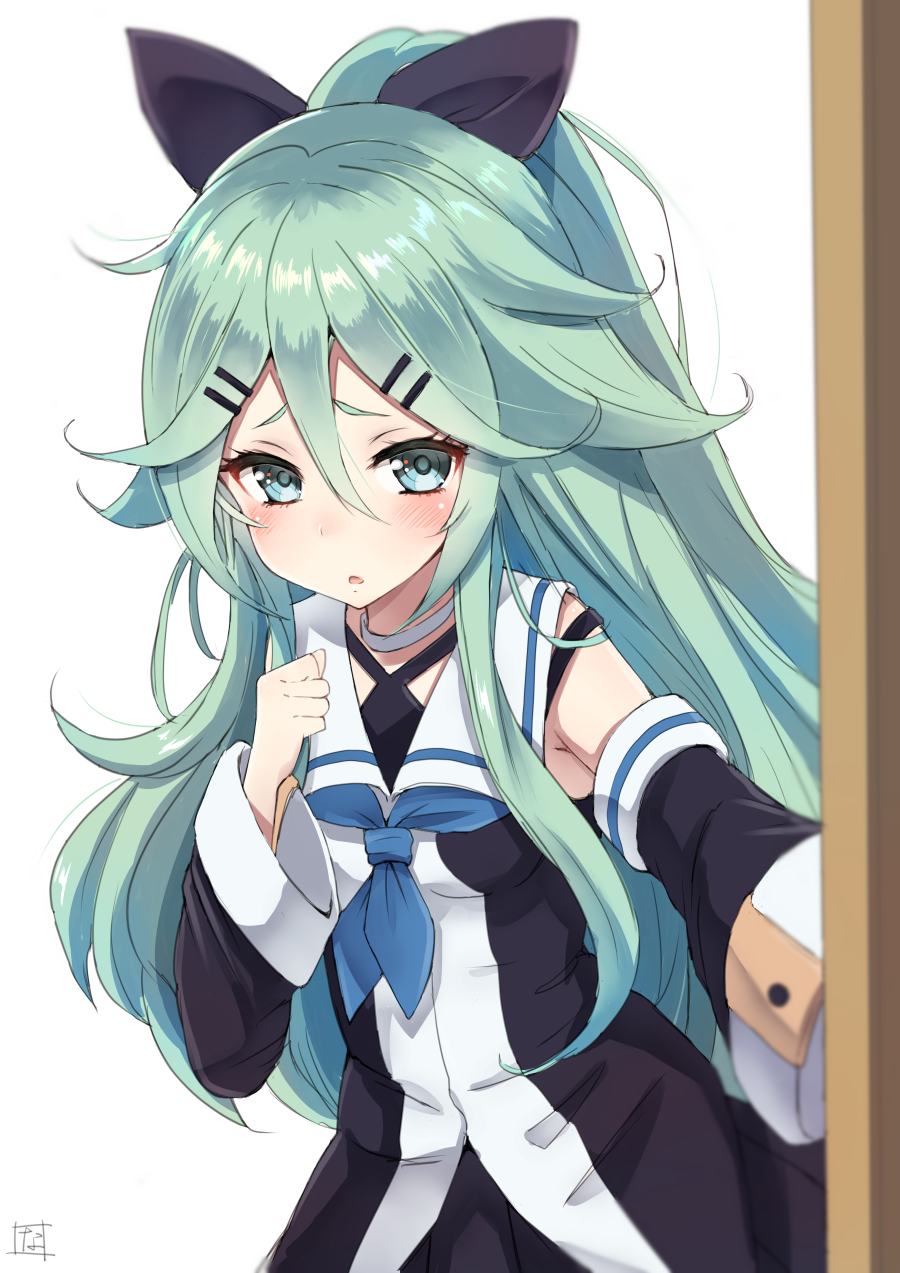 blue_eyes blush green_hair kantai_collection long_hair personification ribbon seifuku yamakaze_(kantai_collection)