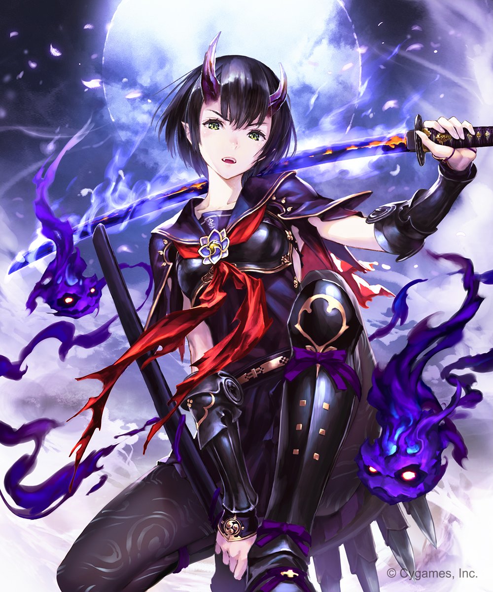 1girl bangs black_hair black_legwear breastplate breasts collarbone fangs full_moon gauntlets ghost glowing glowing_sword glowing_weapon green_eyes highres hisakata_souji holding holding_sheath holding_sword holding_weapon horns katana knee_up kneeling looking_at_viewer medium_breasts moon neckerchief night official_art oni_horns open_mouth outdoors pantyhose petals pointy_ears red_neckerchief school_uniform serafuku shin_guards shingeki_no_bahamut short_hair solo sword teeth tsubaki_(shingeki_no_bahamut) watermark weapon