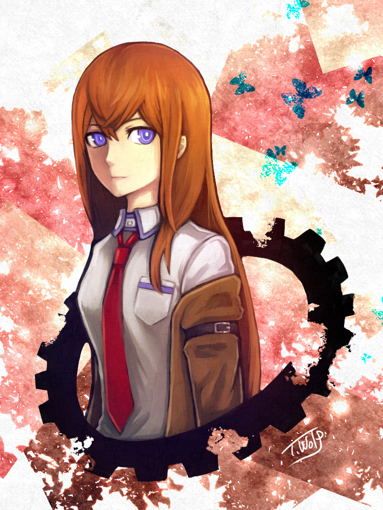1girl artist_name breasts brown_hair butterfly collared_shirt gears jacket long_hair makise_kurisu necktie off_shoulder science_adventure shirt signature solo steins;gate t.wolf violet_eyes