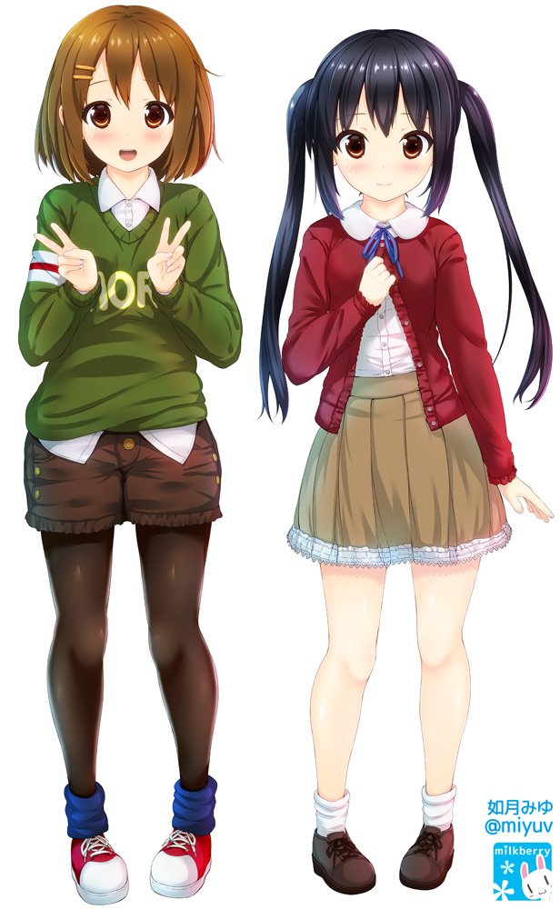 2girls artist_name bangs black_eyes black_hair black_legwear blue_ribbon brown_eyes brown_hair brown_shoes brown_shorts brown_skirt cardigan circle_name closed_mouth commentary_request cross-laced_footwear denim denim_shorts double_v full_body green_sweater hair_ornament hairclip k-on! kisaragi_miyu lace lace-trimmed_skirt light_smile long_hair long_sleeves looking_at_viewer multiple_girls open_cardigan open_clothes open_mouth pantyhose pantyhose_under_shorts print_sweater red_shoes red_sweater ribbon shirt shoes short_hair short_shorts shorts side-by-side simple_background skirt smile sneakers standing sweater twintails twitter_username v white_background white_legwear white_shirt wing_collar