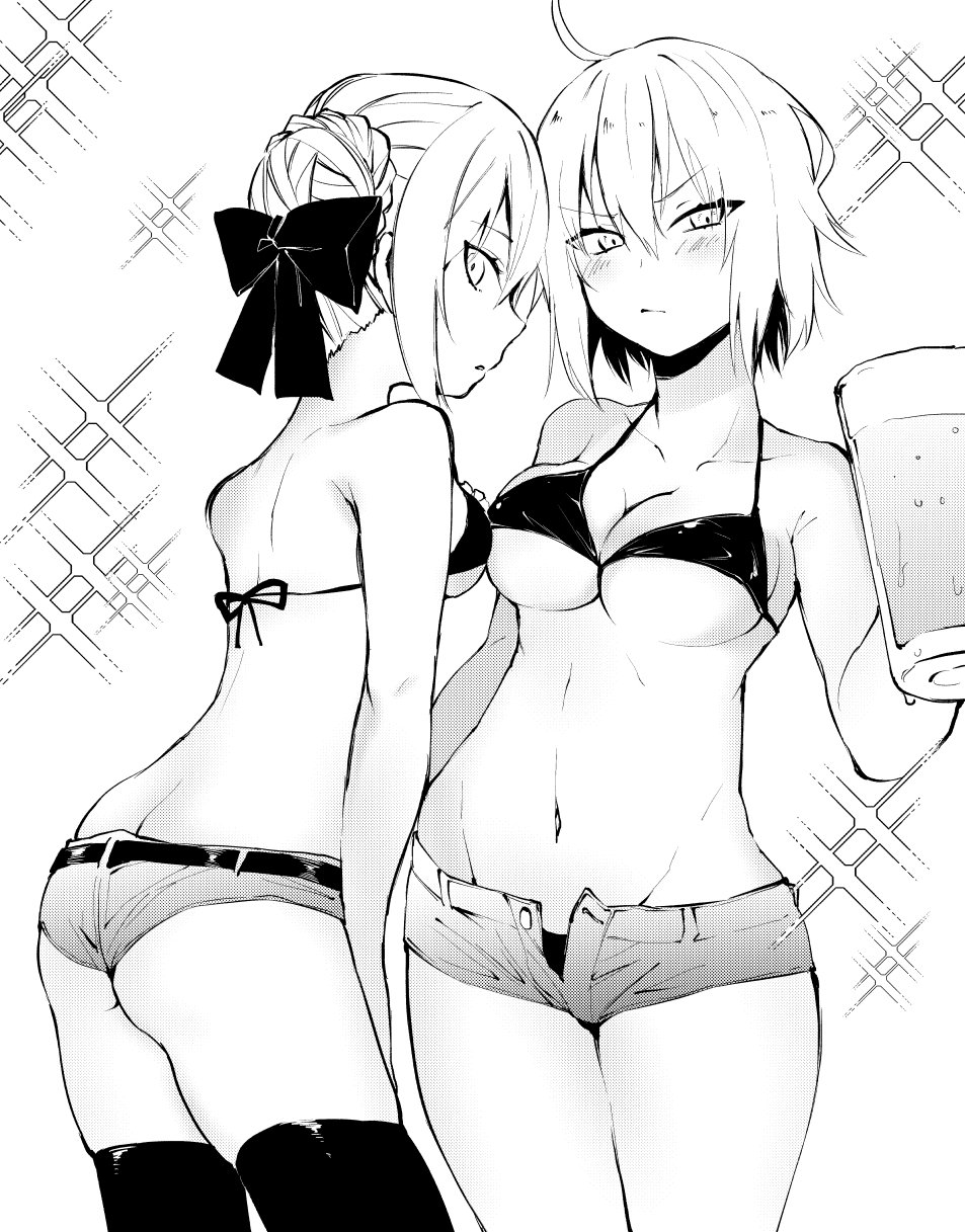 2girls ahoge alcohol artoria_pendragon_(all) ass bare_shoulders beer bikini_top blush bow breasts cleavage cup fate/grand_order fate_(series) groin hair_between_eyes hair_bow hair_bun highres iriehana jeanne_d'arc_(alter)_(fate) jeanne_d'arc_(fate)_(all) large_breasts leaning_forward looking_at_viewer monochrome mug multiple_girls navel profile saber_alter short_hair shorts sparkle swimsuit thigh-highs