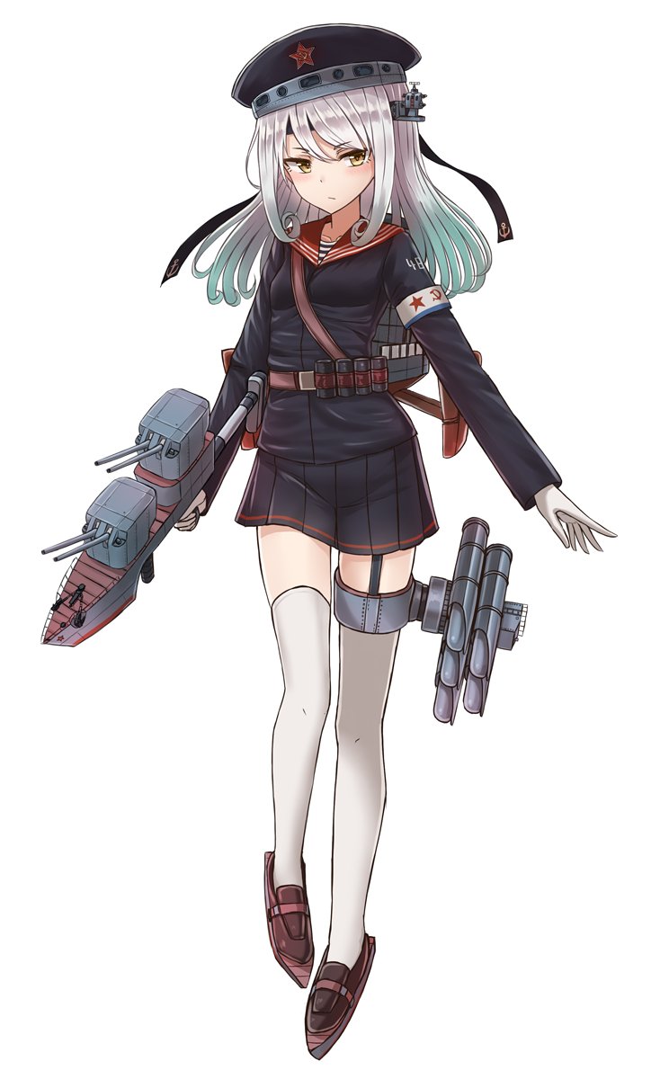 1girl belt_buckle black_hat black_jacket black_skirt blush breasts brown_belt buckle collarbone garter_straps gloves hammer_and_sickle hat headband headgear highres jacket kiev_class_destroyer long_hair long_sleeves looking_at_viewer multicolored_hair original pleated_skirt rabochicken rigging sailor_collar shirt silver_hair simple_background skirt small_breasts solo soviet_flag striped striped_shirt thigh-highs thigh_strap torpedo turret two-tone_hair white_background white_gloves yellow_eyes zhan_jian_shao_nyu