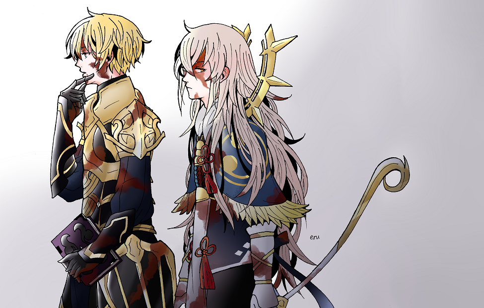 2boys armor bleeding blood blood_on_face bloody_clothes book bow fire_emblem fire_emblem_if gauntlets holding holding_weapon injury leon_(fire_emblem_if) multiple_boys pauldrons simple_background takumi_(fire_emblem_if) weapon