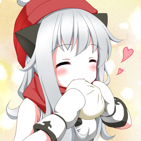 1girl closed_eyes dumpling eating food hat heart horns john_koubou kantai_collection mittens northern_ocean_hime red_hat red_scarf scarf silver_hair solo upper_body white_skin