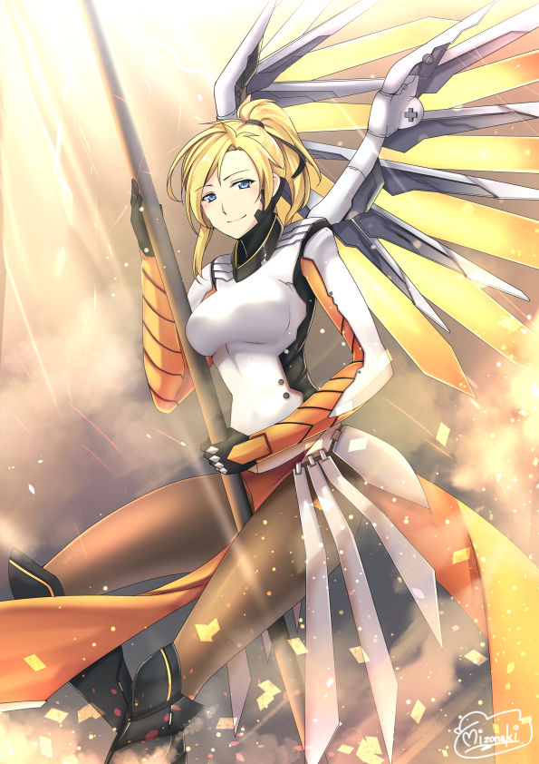 1girl artist_name between_legs blonde_hair blue_eyes bodysuit breasts brown_legwear clouds cowboy_shot faulds glowing glowing_wings greaves hair_tie high_ponytail holding holding_staff large_breasts light_particles light_smile looking_at_viewer mechanical_halo mechanical_wings mercy_(overwatch) mizonaki overwatch pelvic_curtain signature solo spread_wings staff wings yellow_wings